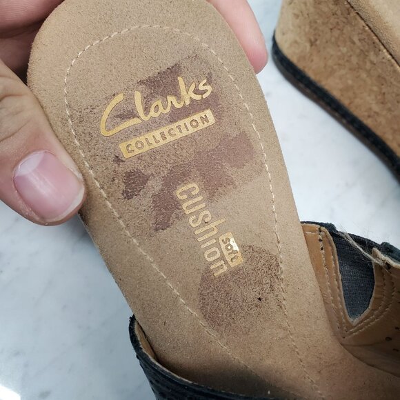 Clarks Shoes Womens Size 9 Black Leather Helio Corridor Wedge Sandals - Picture 2 of 10